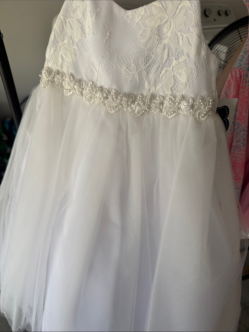 Girls white Lace & Tulle Party Dress with Pearl Trim